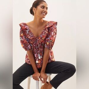 Maeve Anthropologie Ruffled Tie-Front Blouse Jungle Resort Wear Tropical Medium